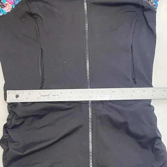 Bebe Sport Black Floral Zipper Workout jacket sweatshirt Thumbhole Ruched size M - Picture 14 of 16